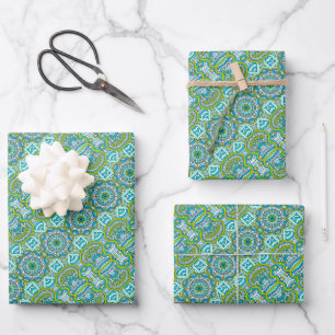 Turquoise and Lime Green Circle Mandala   Wrapping Paper Sheet