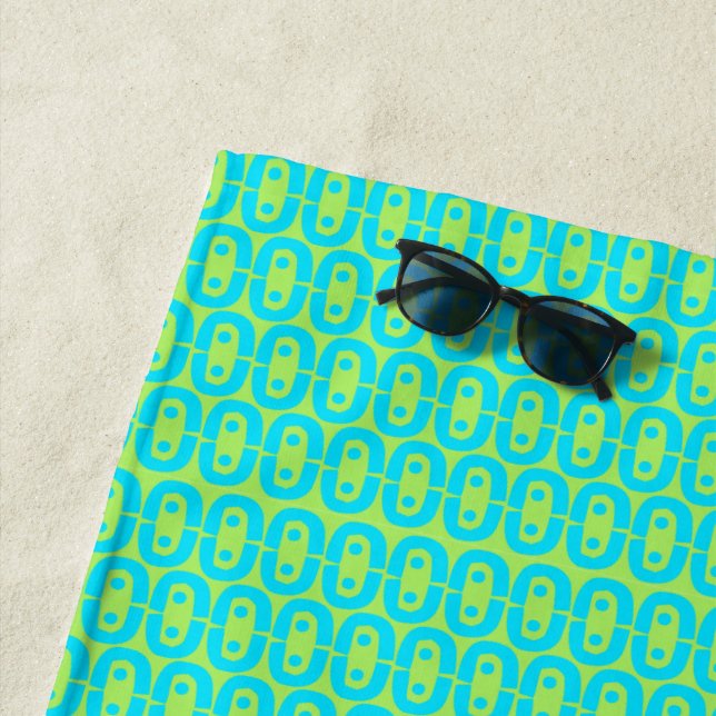 Turquoise and Lime Green Geometric Pattern Beach Towel (In Situ)
