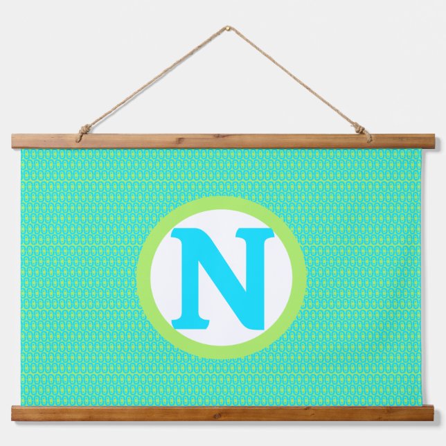 Turquoise and Lime Green Geometric Pattern Hanging Tapestry (Front)