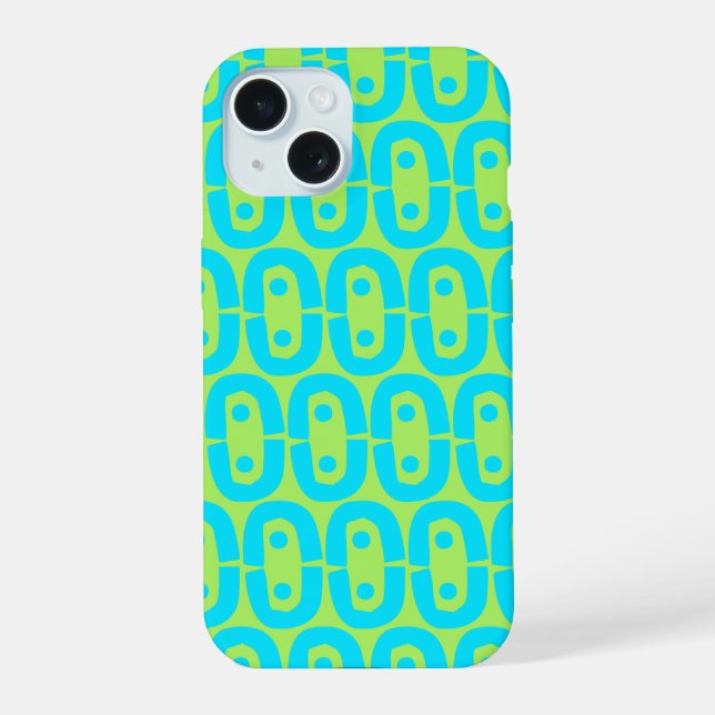 Turquoise and Lime Green Geometric Pattern iPhone 15 Case (Back)