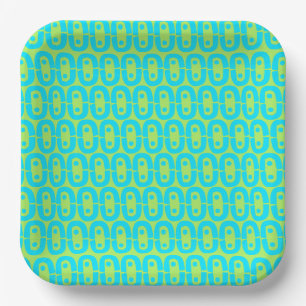 Turquoise and Lime Green Geometric Pattern Paper Plate