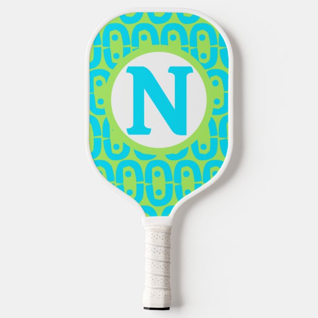 Turquoise and Lime Green Geometric Pattern Pickleball Paddle (Back)