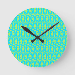 Turquoise and Lime Green Geometric Pattern Round Clock