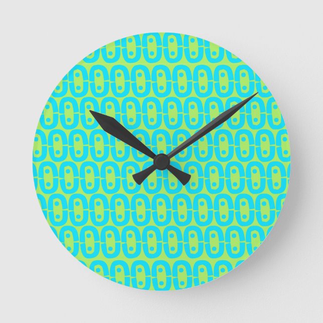 Turquoise and Lime Green Geometric Pattern Round Clock (Front)