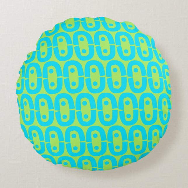 Turquoise and Lime Green Geometric Pattern Round Cushion (Front)
