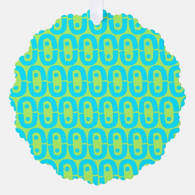 Turquoise and Lime Green Geometric Pattern Tree Decoration Card (Front)
