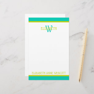 Turquoise and Lime Green Monogram Stationery