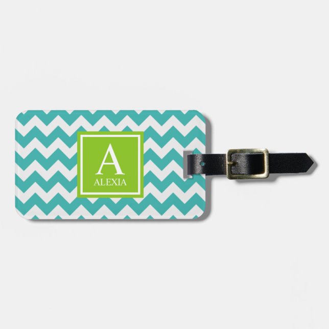Turquoise and Lime Monogram Chevron Print Luggage Tag (Front Horizontal)