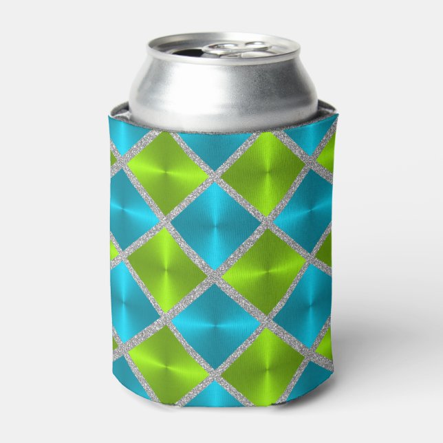Turquoise and Lime with Silver Squares Can Cooler (Can Front)