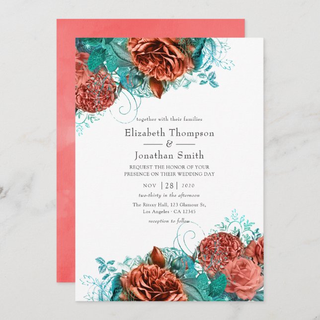 Turquoise and Living Coral Rustic Floral Wedding Invitation (Front/Back)