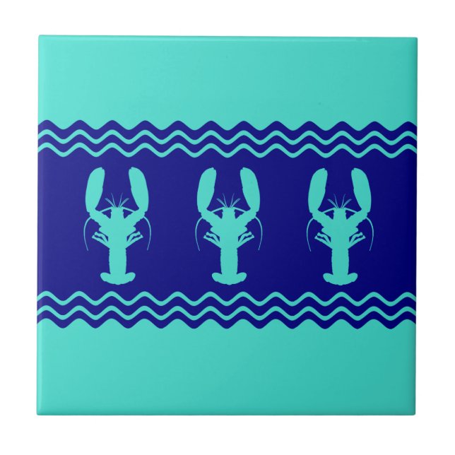 Turquoise and Navy Blue Coastal Pattern Lobster Tile (Front)