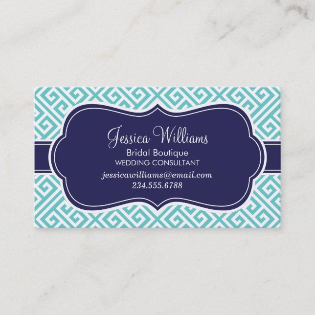 Turquoise and Navy Blue Greek Key Pattern Business Card (Front)
