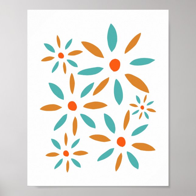 Turquoise And Orange Abstract Flowers Poster (Front)