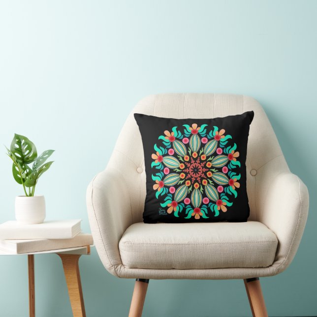 Turquoise And Orange Mandala Throw Pillow (Chair)