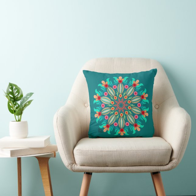 Turquoise And Orange Mandala Throw Pillow (Chair)