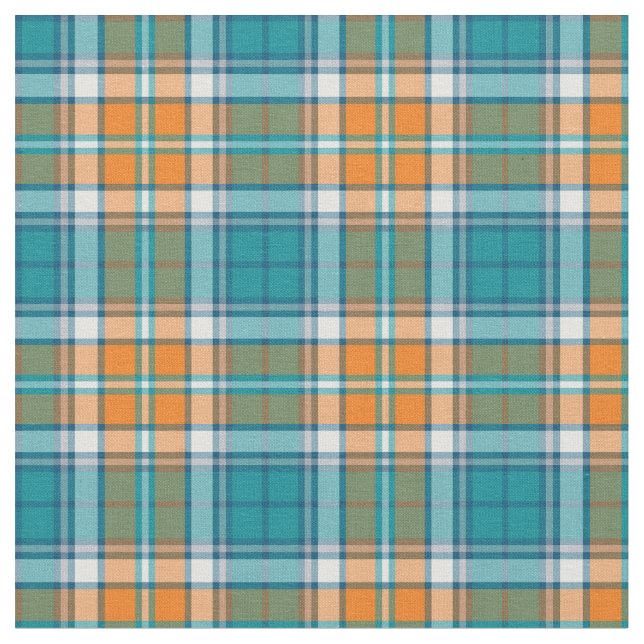 Turquoise and Orange Sporty Plaid Fabric (Close Up)