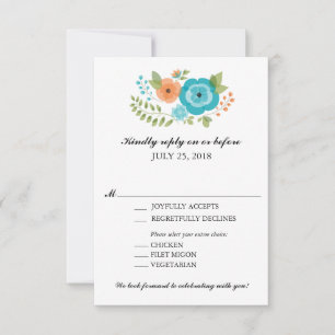 Turquoise and Orange Summer Flowers Wedding RSVP Card