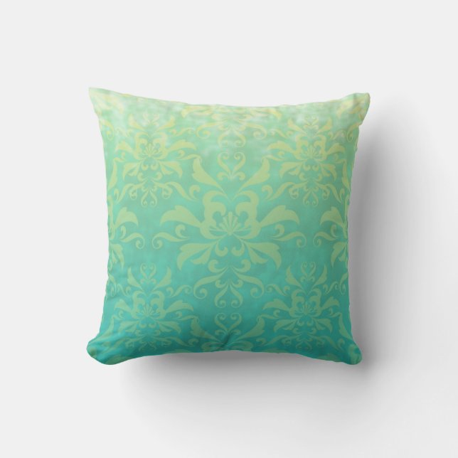 Turquoise and Pale Yellow Damask Cushion (Front)