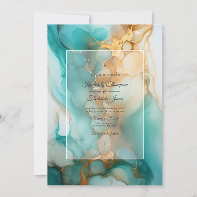 Turquoise and Patina Alcohol Ink Wedding Invitation (Front)