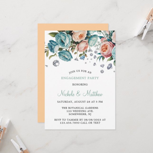 Turquoise and Peach Roses Diamond Engagement Party Invitation (Front/Back In Situ)