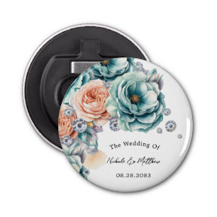 Turquoise and Peach Roses Diamond Wedding Favor Bottle Opener