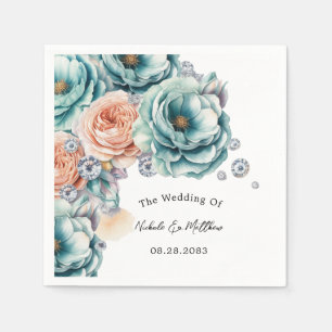 Turquoise and Peach Roses Diamond Wedding Napkin
