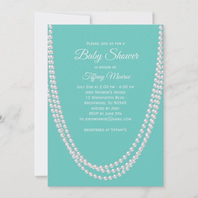 Turquoise and Pearls Baby Shower Invite white (Front)
