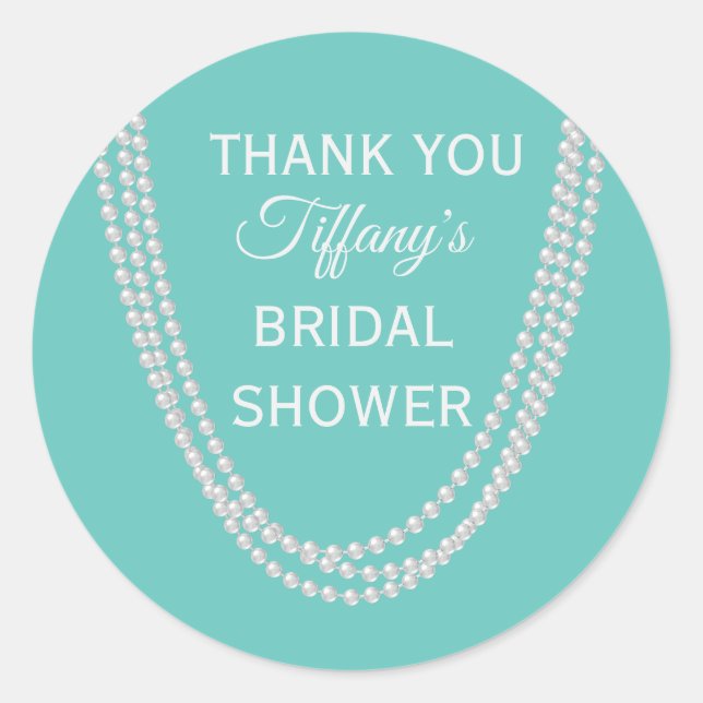 Turquoise and Pearls Bridal Shower Thank You white Classic Round Sticker (Front)