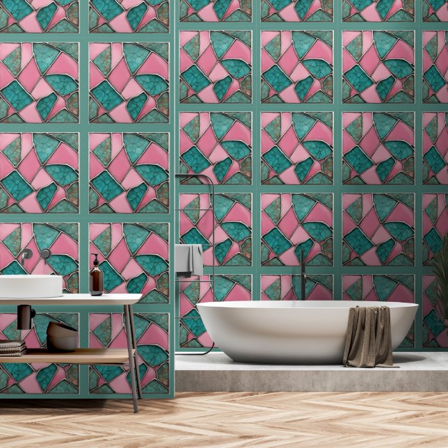 Turquoise and pink Abstract Rhapsody Wallpaper (Bathroom)