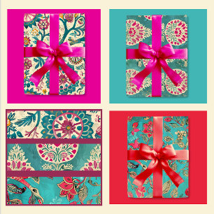 Turquoise and Pink Batik Print Wrapping Paper Sheet
