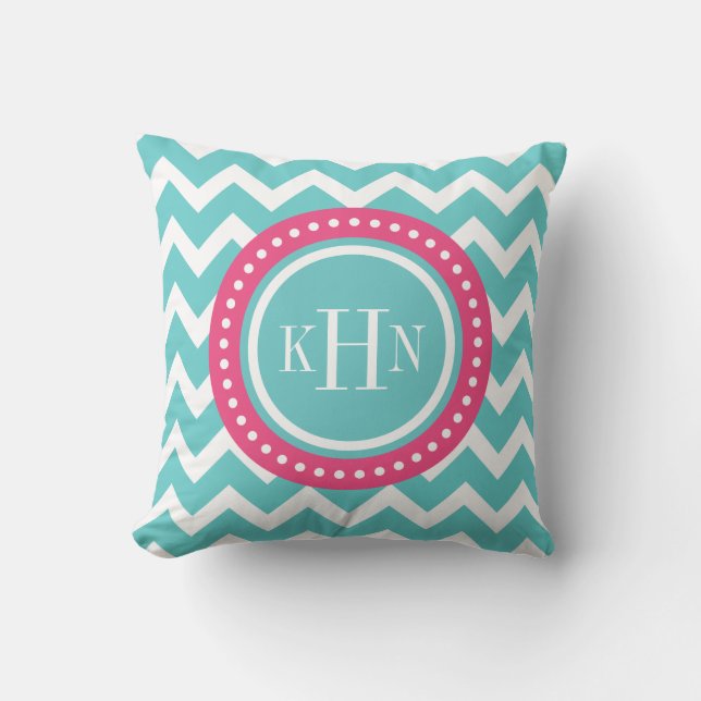 Turquoise and Pink Chevron Monogram Cushion (Front)