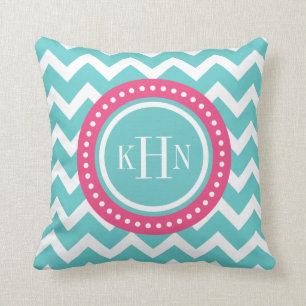 Turquoise and Pink Chevron Monogram Cushion