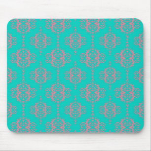 Turquoise and PInk Damask Pattern Mouse Pad