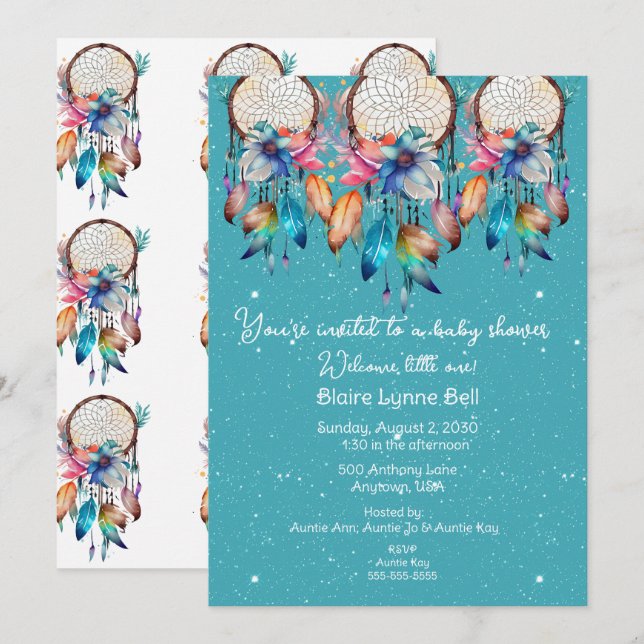 Turquoise and Pink Dreamcatcher Girl Baby Shower Invitation (Front/Back)