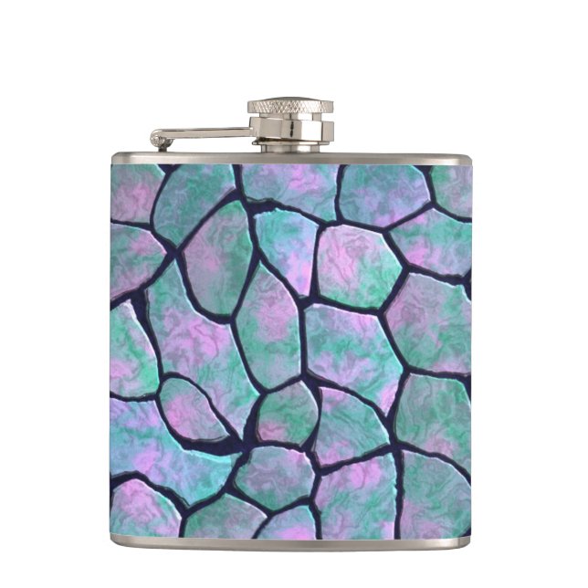 Turquoise and pink mosaic stones seamless pattern hip flask (Front)