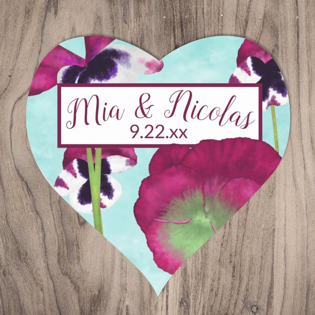 Turquoise and Pink Personalised Stickers (turquoise blue cyan magenta berry pink pansy heart-shaped wedding monogram sticker couples names)