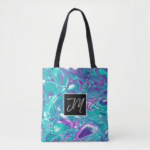 Turquoise and Purple Bubbles Fluid Art Tote Bag