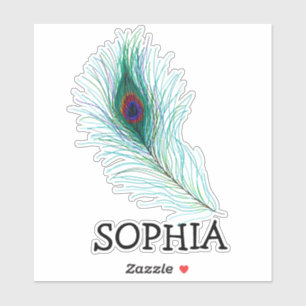 Turquoise and Purple Peacock Feather Name Label