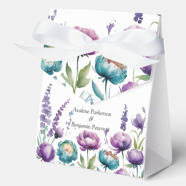 Turquoise and Purple Wildflowers Wedding Favour Box (Front)