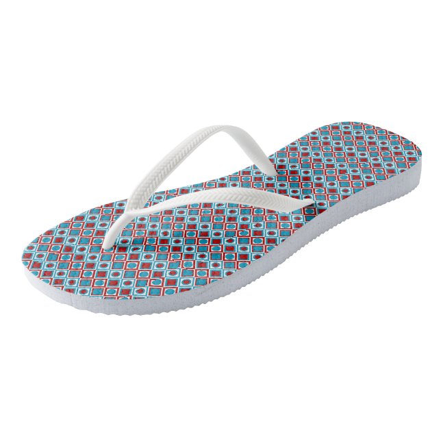 Turquoise and Red Diamond Pattern Jandals (Angled)