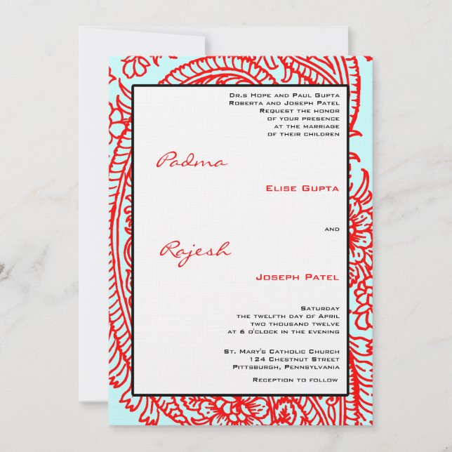 Turquoise and Red Paisley Indian Wedding Invitation (Front)