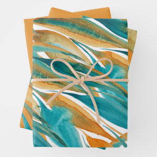 Turquoise And Rust Fall Watercolor Hand-painted Wrapping Paper Sheet