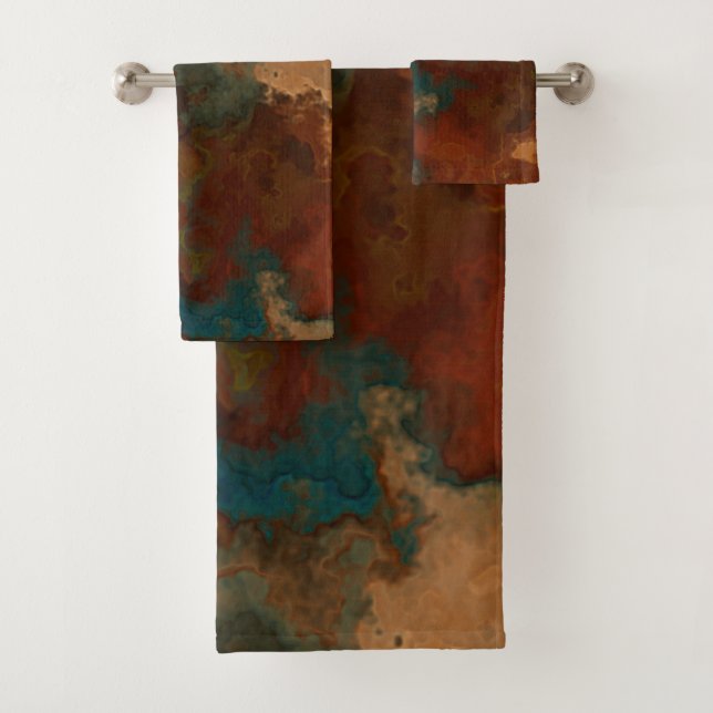 Turquoise and Rust Marble abstract Bath Towel Set (Insitu)