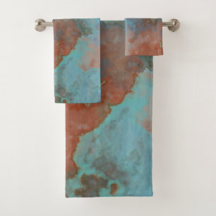 Turquoise and Rust Marble Abstract Bath Towel Set