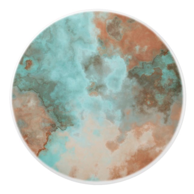 Turquoise and Rust Marble Abstract Ceramic Knob (Front)