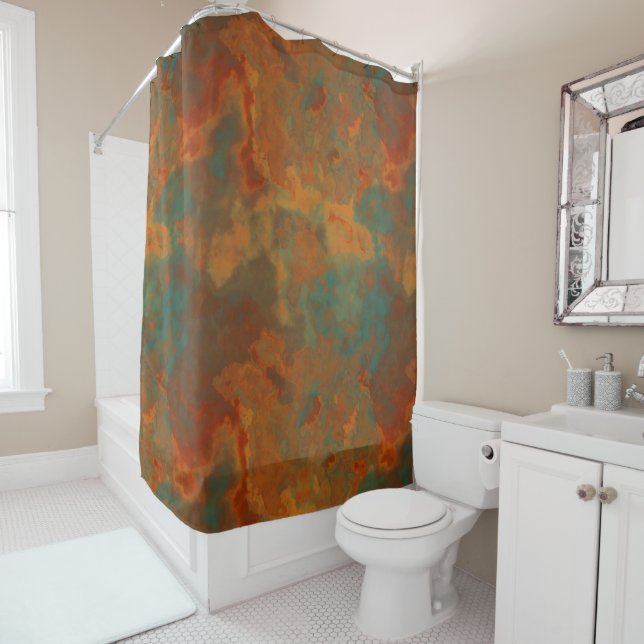 Turquoise and Rust Marble abstract Shower Curtain (In Situ)