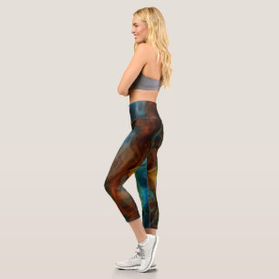 Turquoise and rust smoke marble Abstract Capri Leggings