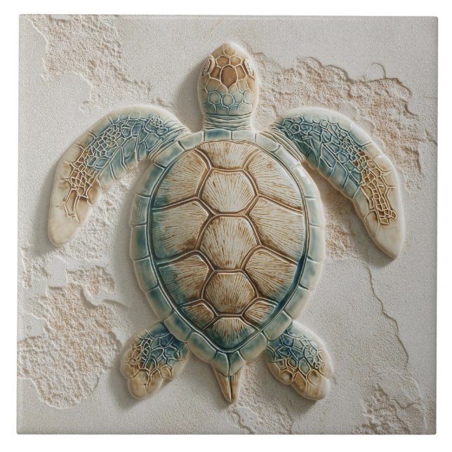 Turquoise and Sand Coastal Sea Turtle Tile (Front)
