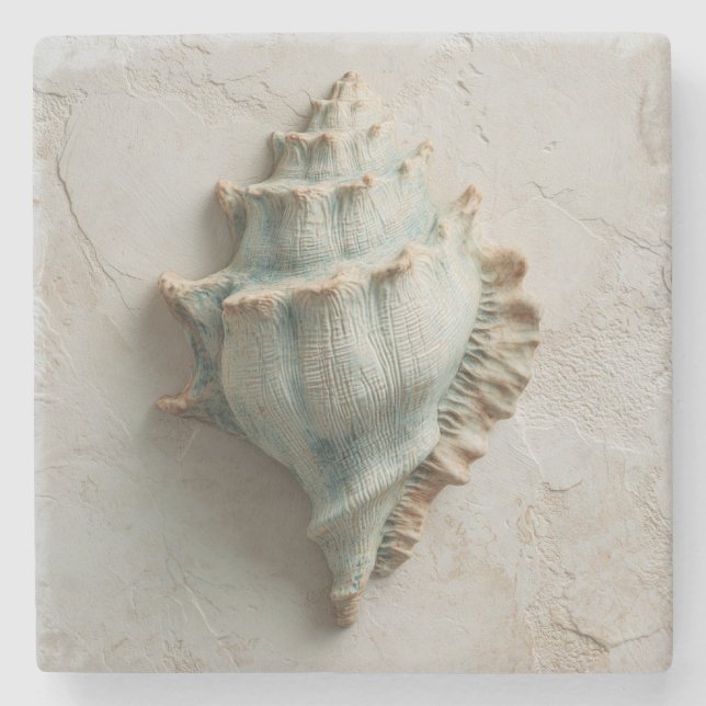 Turquoise and Sand Conch Shell Coastal Stone Coaster (Front)
