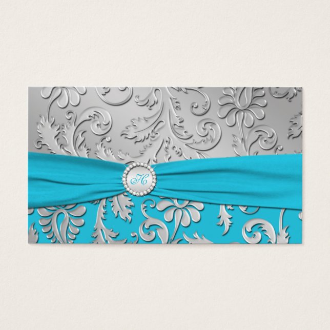 Turquoise and Silver Damask Wedding Favour Tag (Front)